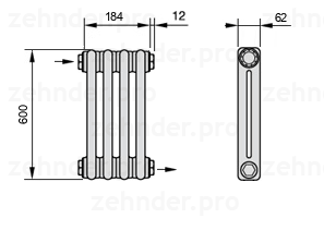 Схема (чертеж) Радиатор Zehnder Charleston 2060/4 №1670 Белый глянцевый RAL 9016